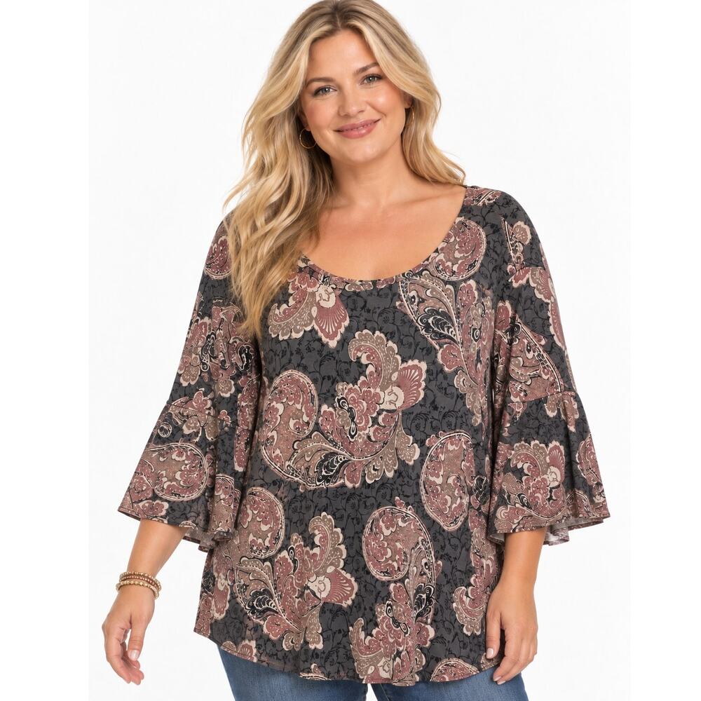 Avenue Paisley Tunic Womens Size 26/28 Gray & Mauve Bell Sleeve Stretch Knit 3X